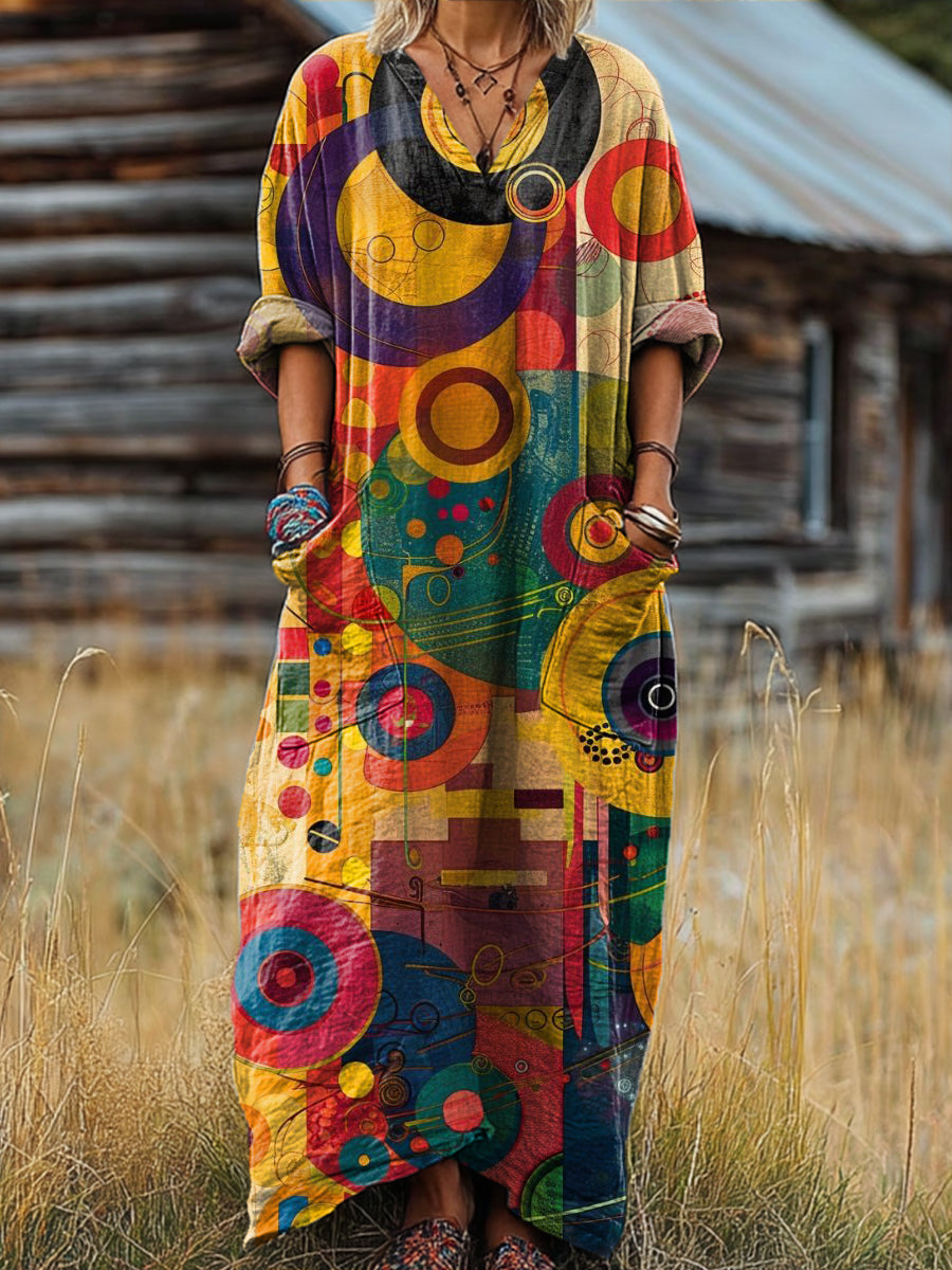 Women's Abstract Colorful Circular Geometric Painting Art Print Pocket V-neck Cotton Dress