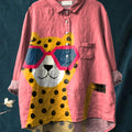 Lovely Leopard In Sunglasses Graphic Printed Women's Casual Cotton And Linen Shirt