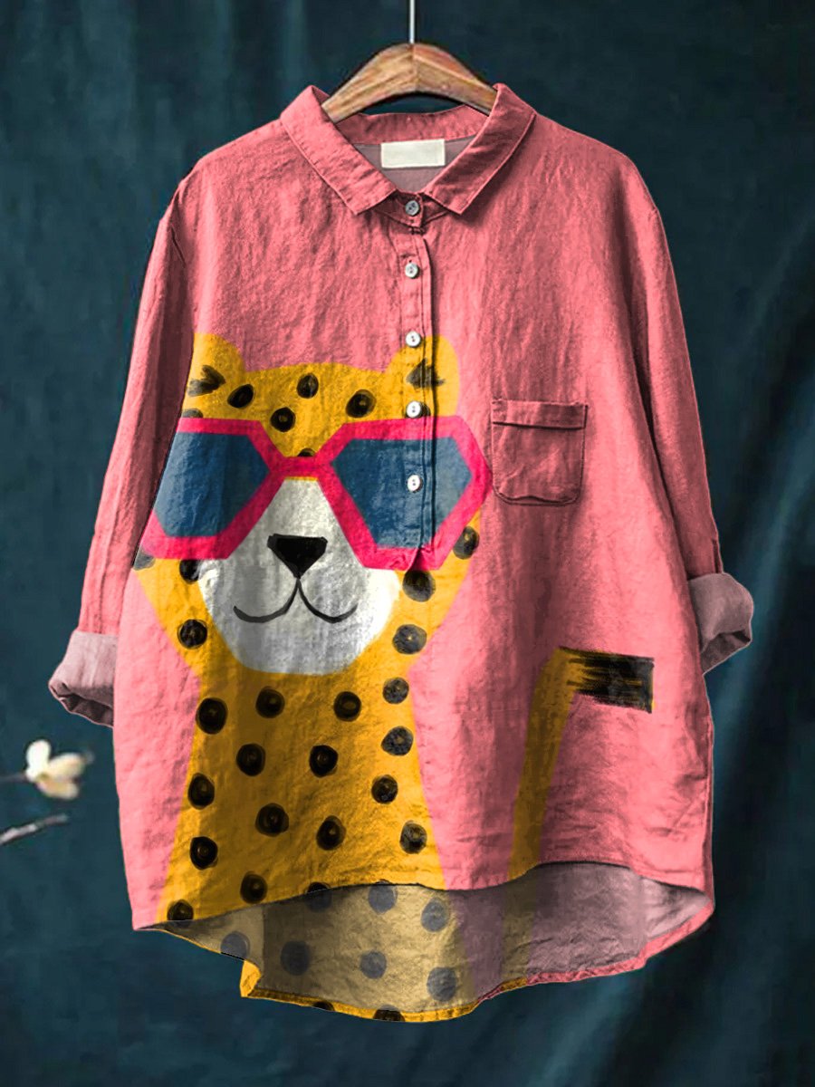 Lovely Leopard In Sunglasses Graphic Printed Women's Casual Cotton And Linen Shirt