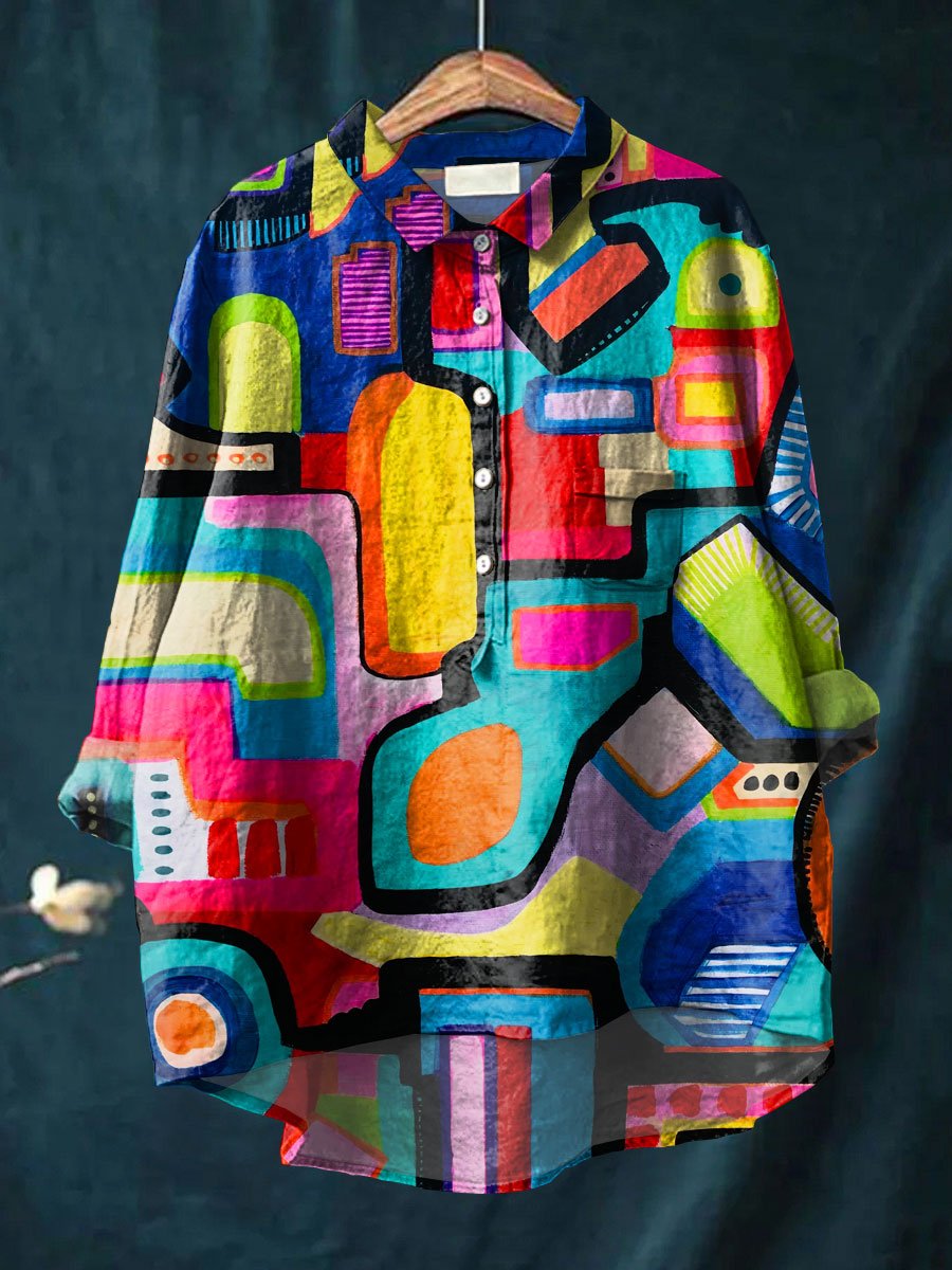 Women's Abstrct Art  Print Casual Cotton And Linen Shirt