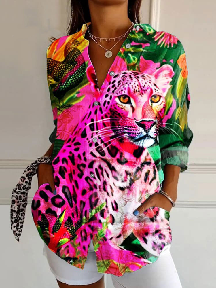 Women's   Leopard  Art Print Casual Cotton Shirt