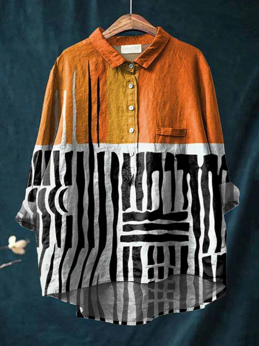 Women's Orange Abstract Print Art Casual Cotton And Linen Shirt