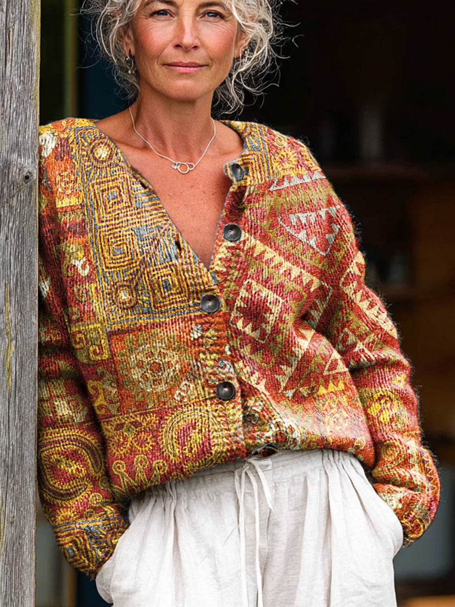 vintage-ethnic-geometric-painting-art-print-buttoned-cardigan-sweater