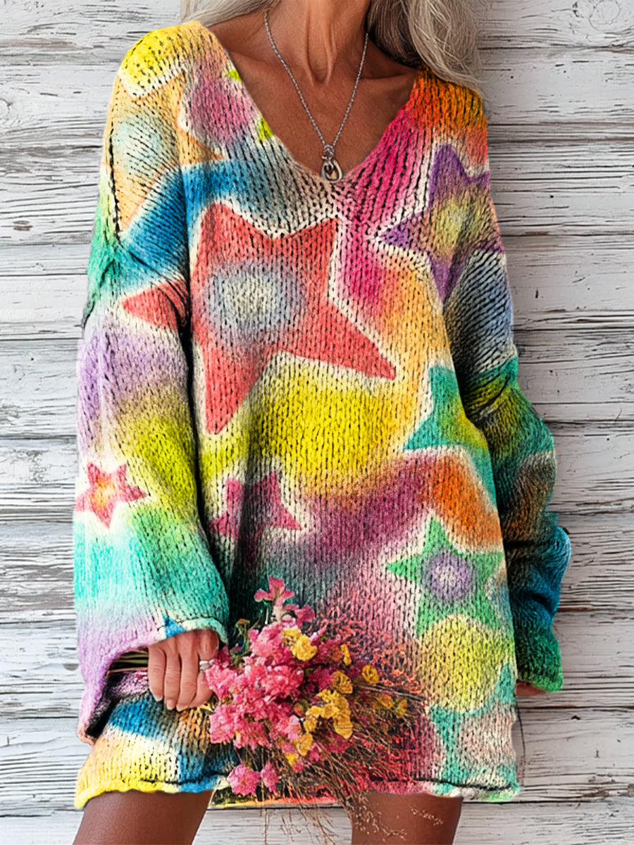 Women's Beautiful Colorful Star Painting Art Print Casual Pullover Sweater
