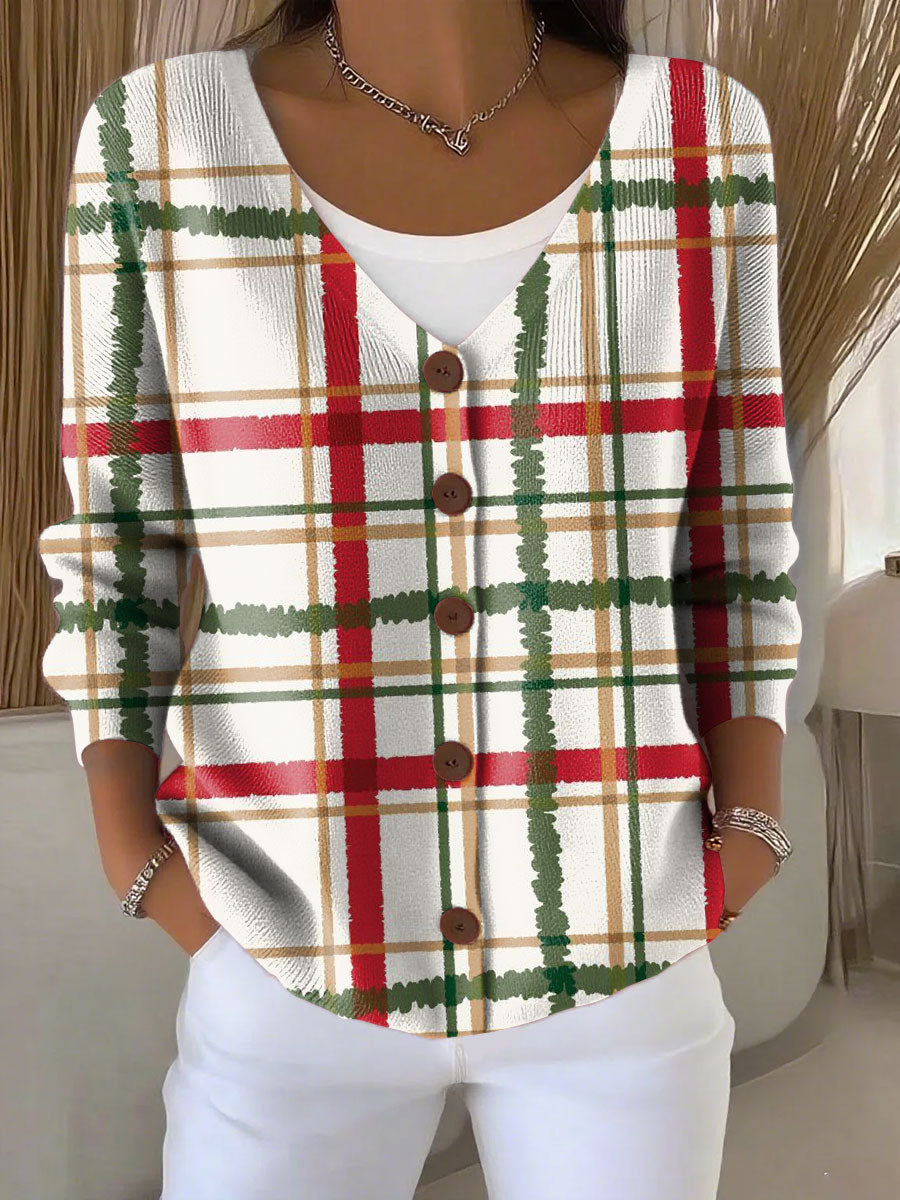 Christmas Plaid Print Buttoned V-neck Cardigan Sweater