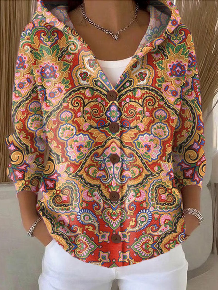 Women's  Vintage Flower Art Printed Casual Hooded Button Sweater