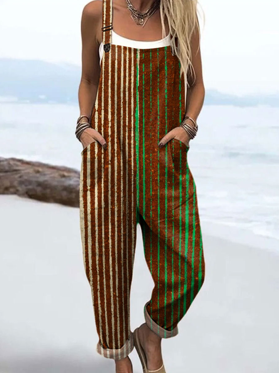 Women's Color Block Line Art Print Casual 100% Cotton Wide Leg Jumpsuit