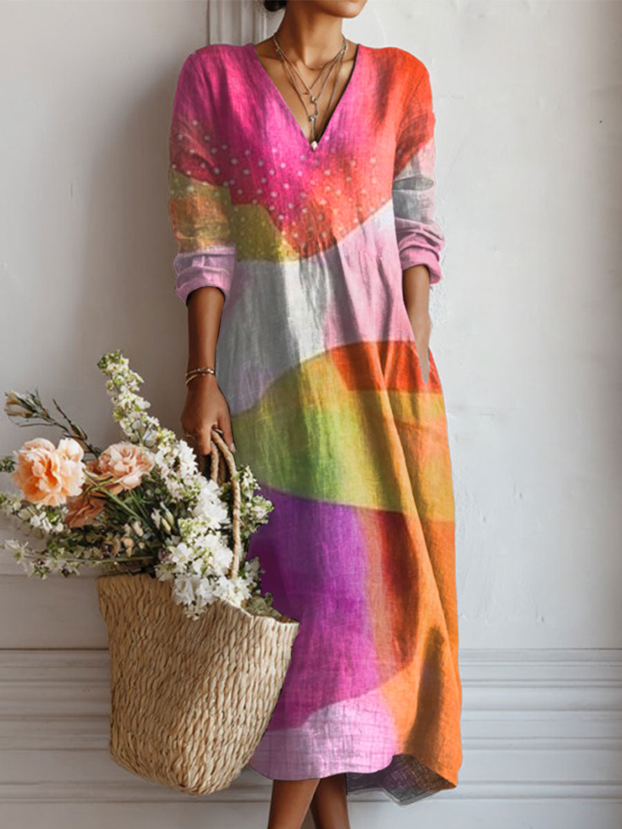 Women's Vintage Abstract Geometry Art Print Linen Pocket Dress