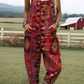 Women's  Vintage Flower Art Print Casual 100% Cotton Wide Leg Jumpsuit