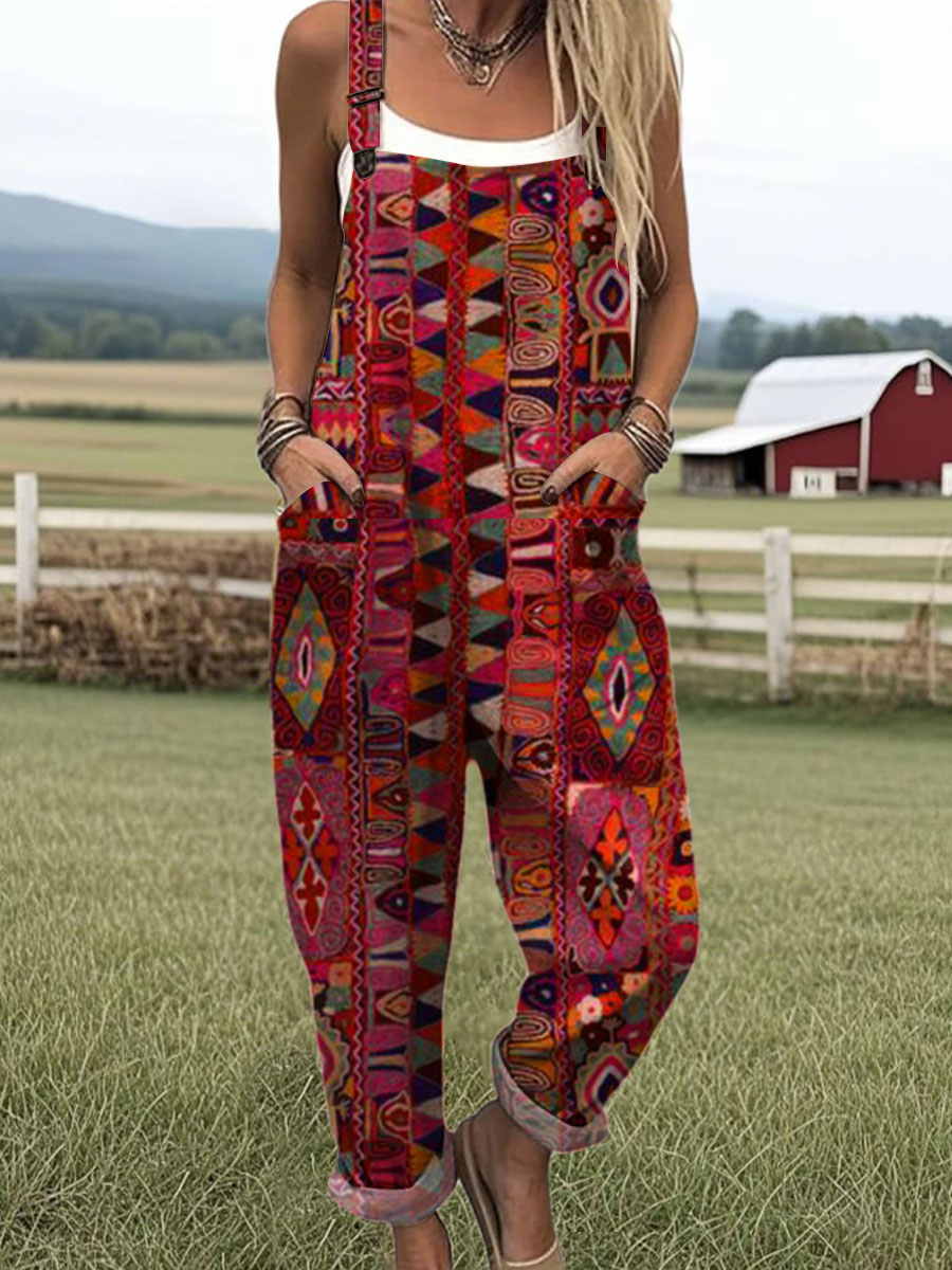 Women's  Vintage Flower Art Print Casual 100% Cotton Wide Leg Jumpsuit