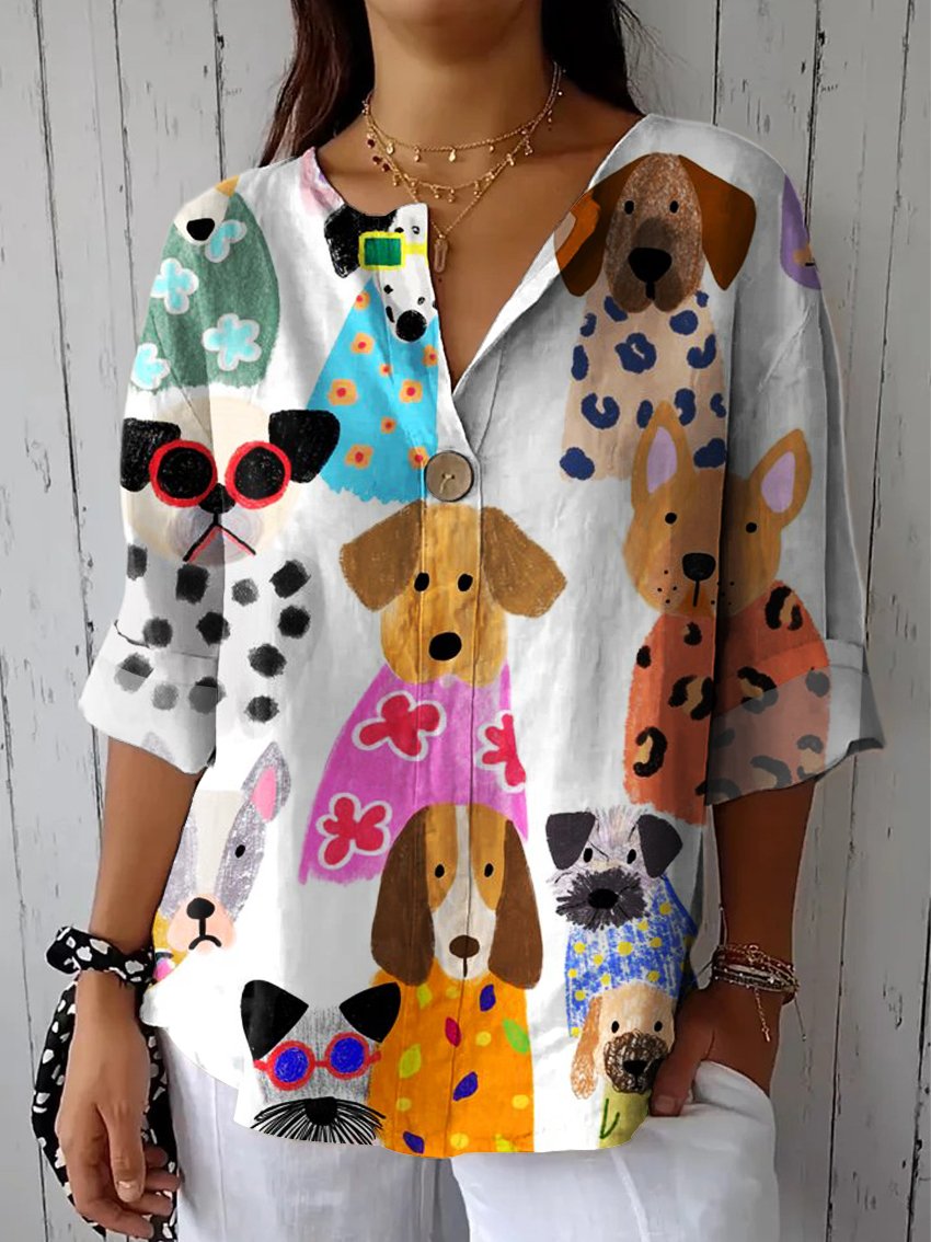 Women's Colorful Fun Cartoon Puppy Casual Cotton Linen Shirt