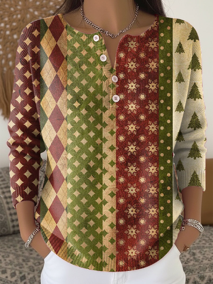 Vintage Winter Diamond Snowflake Christmas Tree Painting Art Print Buttoned Cardigan Sweater