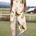 Women's Art Abstract Bee Flower Print Casual 100% Cotton Wide Leg Jumpsuit