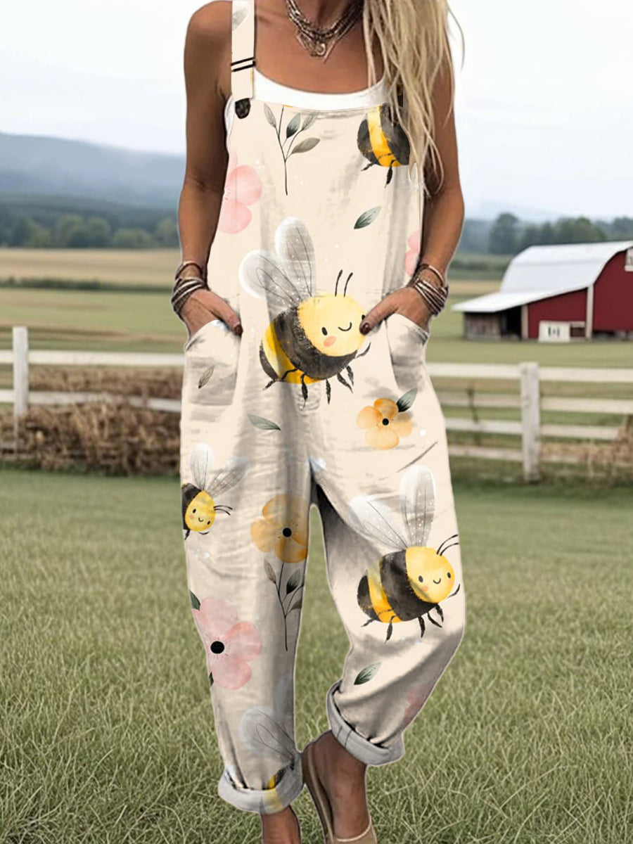 Women's Art Abstract Bee Flower Print Casual 100% Cotton Wide Leg Jumpsuit