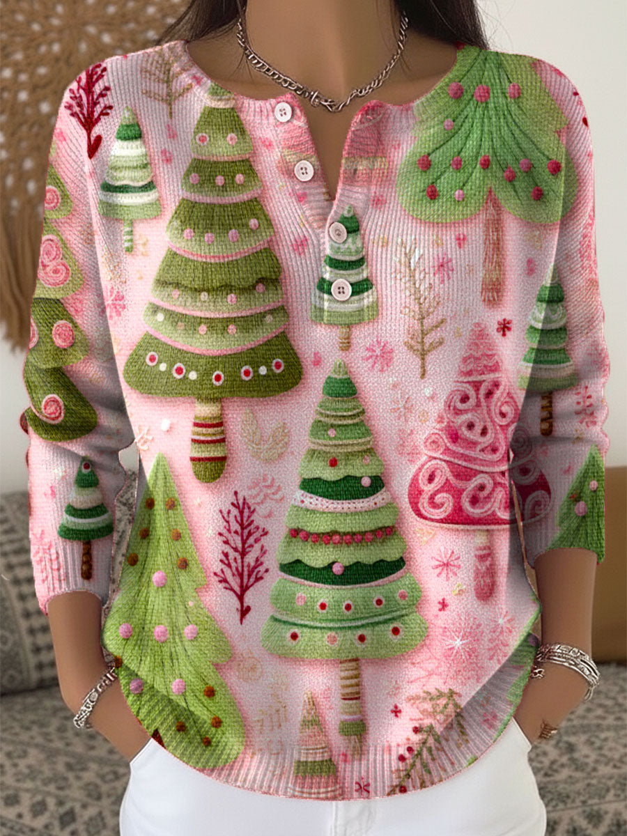 Women's Christmas Tree Art Print Buttoned Cardigan Sweater