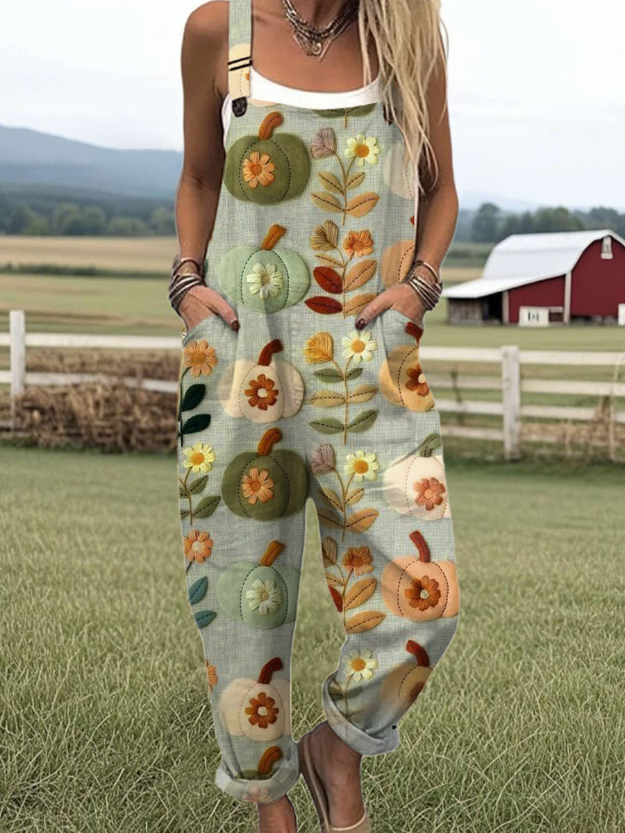 Women's  Autumn Pumpkin Vintage Art Print Casual 100% Cotton Wide Leg Jumpsuit