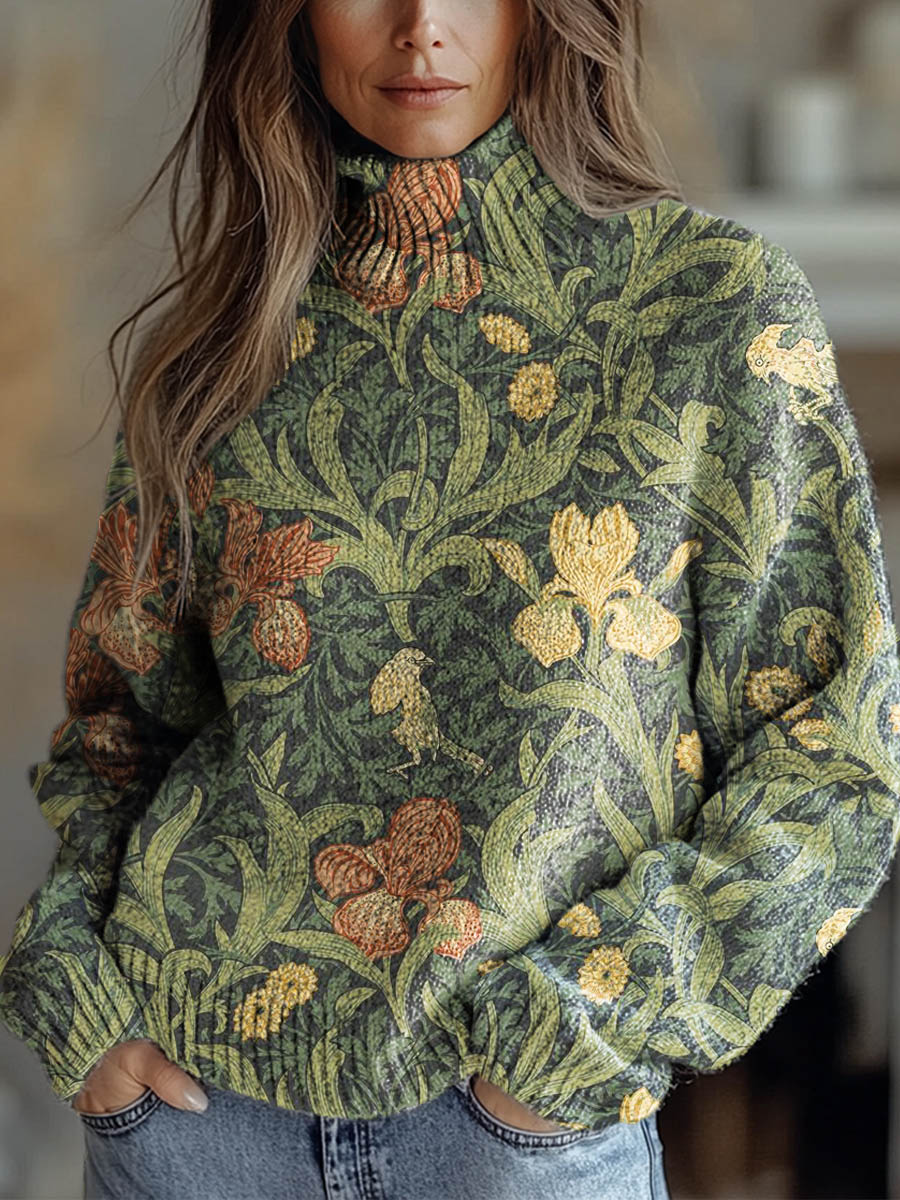 womens-vintage-floral-art-print-knit-turtleneck-pullover-sweater