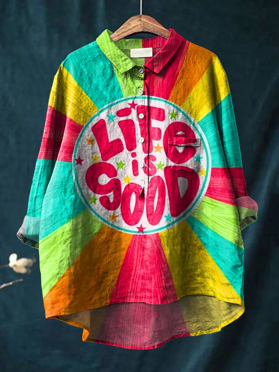 Women's Colorful Life Is Good Art Print Casual Cotton And Linen Shirt