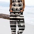Women's Vintage Abstract Geometric Line Art Print Casual 100% Cotton Wide Leg Jumpsuit