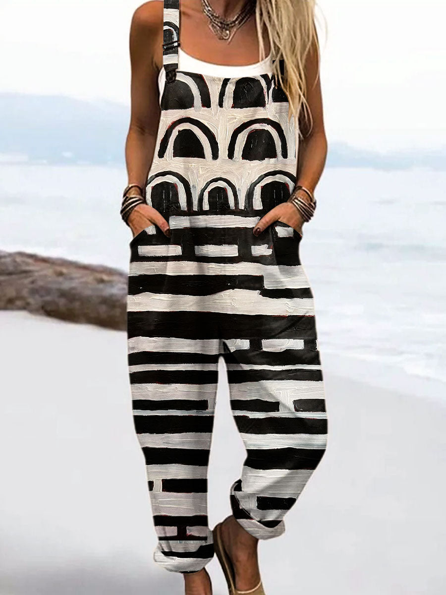 Women's Vintage Abstract Geometric Line Art Print Casual 100% Cotton Wide Leg Jumpsuit