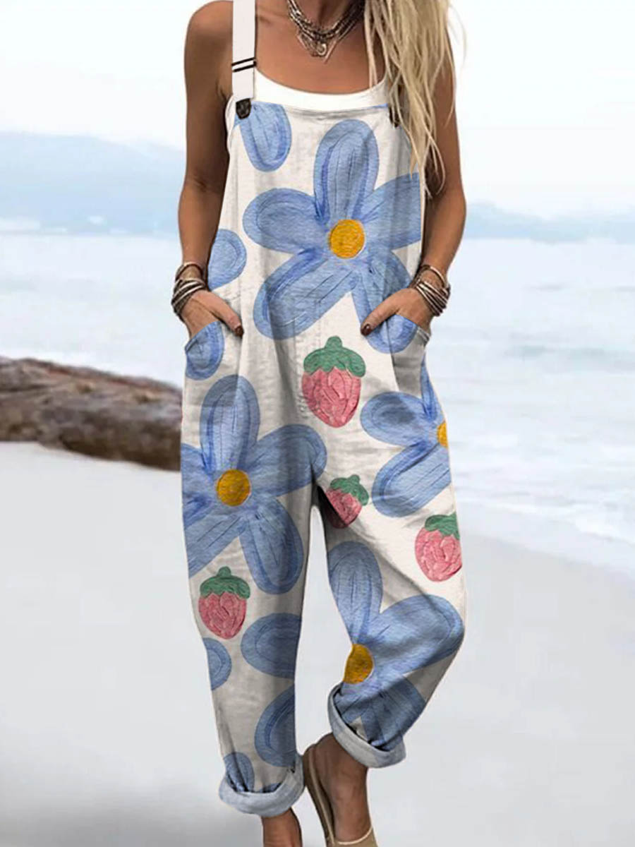 Women's Lovely Floral Pattern Art Print Casual 100% Cotton Wide Leg Jumpsuit