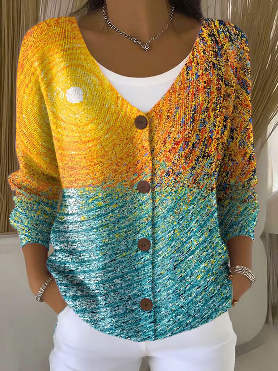 vintage-art-print-buttoned-v-neck-cardigan-sweater