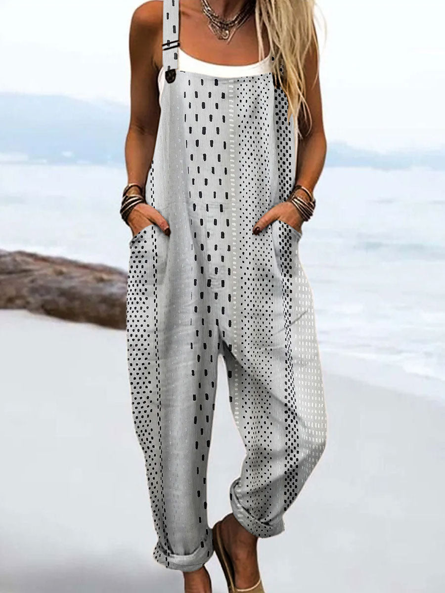 Women's Vintage Abstract Geometric Lines Print Casual 100% Cotton Wide Leg Jumpsuit