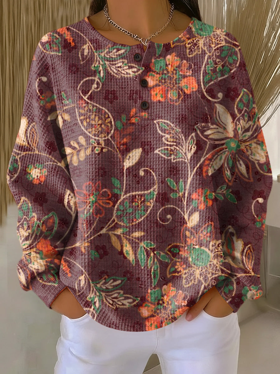 Women's Vintage Ethnic Paisley Floral Art Print Casual Cotton Sweatshirt
