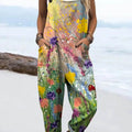 Women's Vintage Floral Pattern Art Print Casual 100% Cotton Wide Leg Jumpsuit