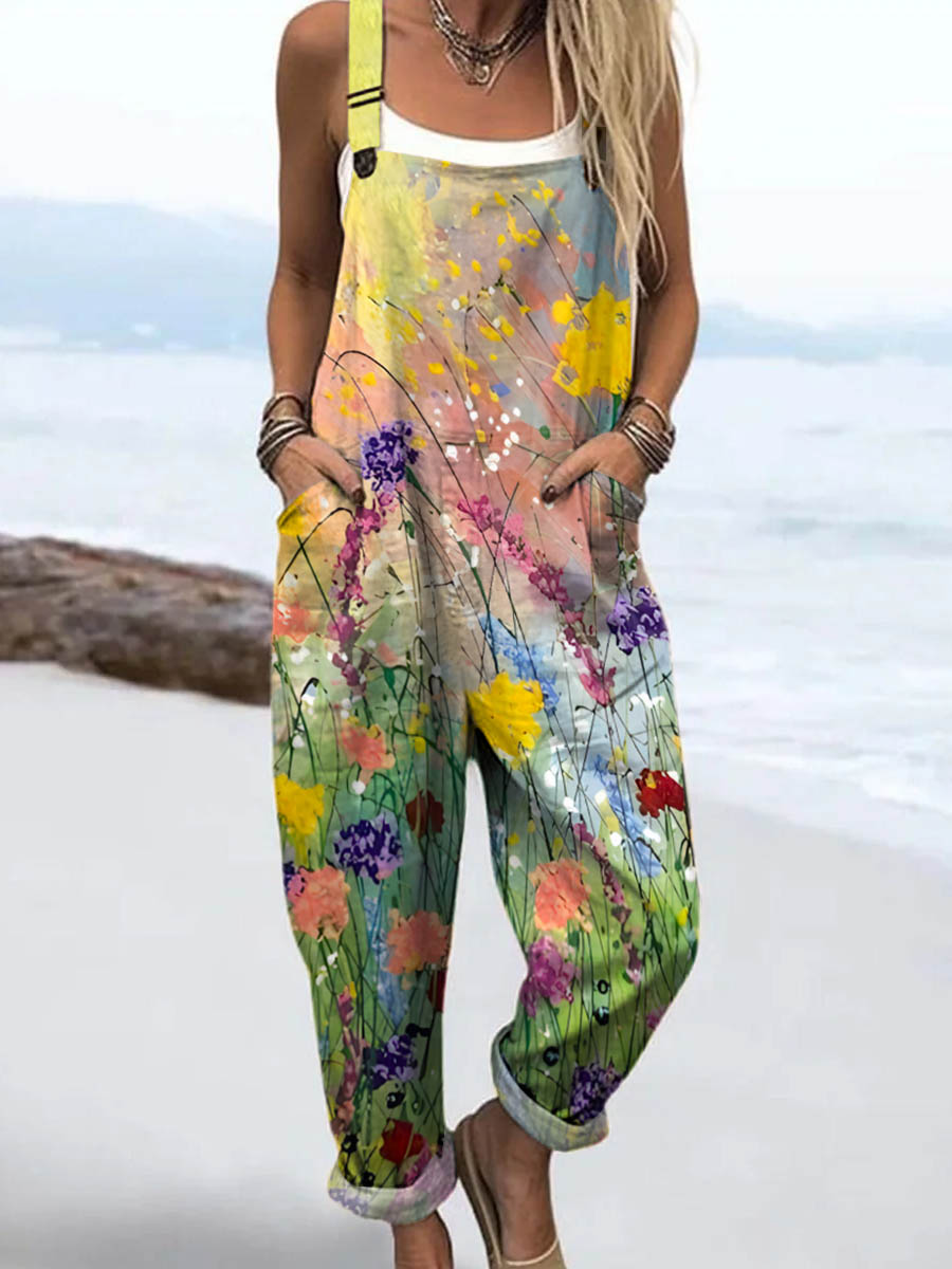 Women's Vintage Floral Pattern Art Print Casual 100% Cotton Wide Leg Jumpsuit