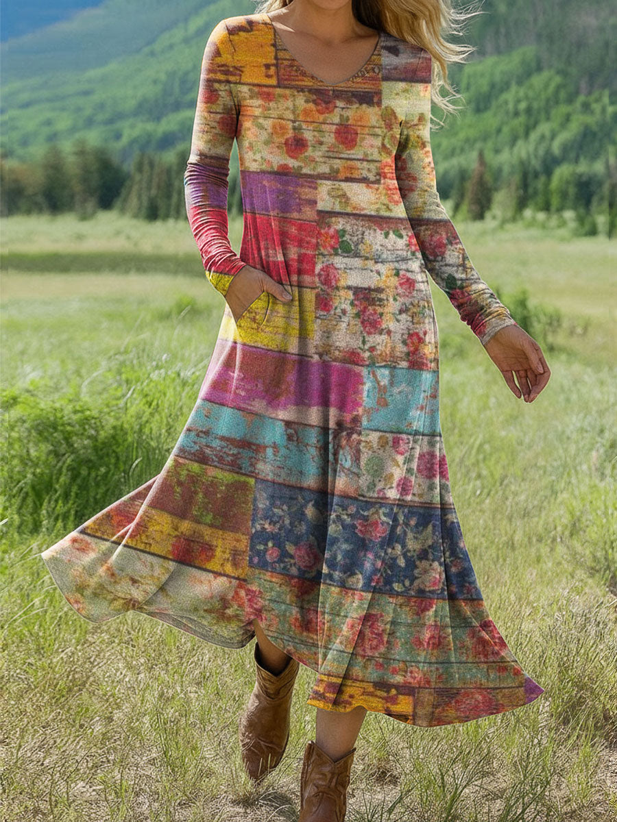 Women's Splicing Floral Print Art Print Long-sleeved Dress