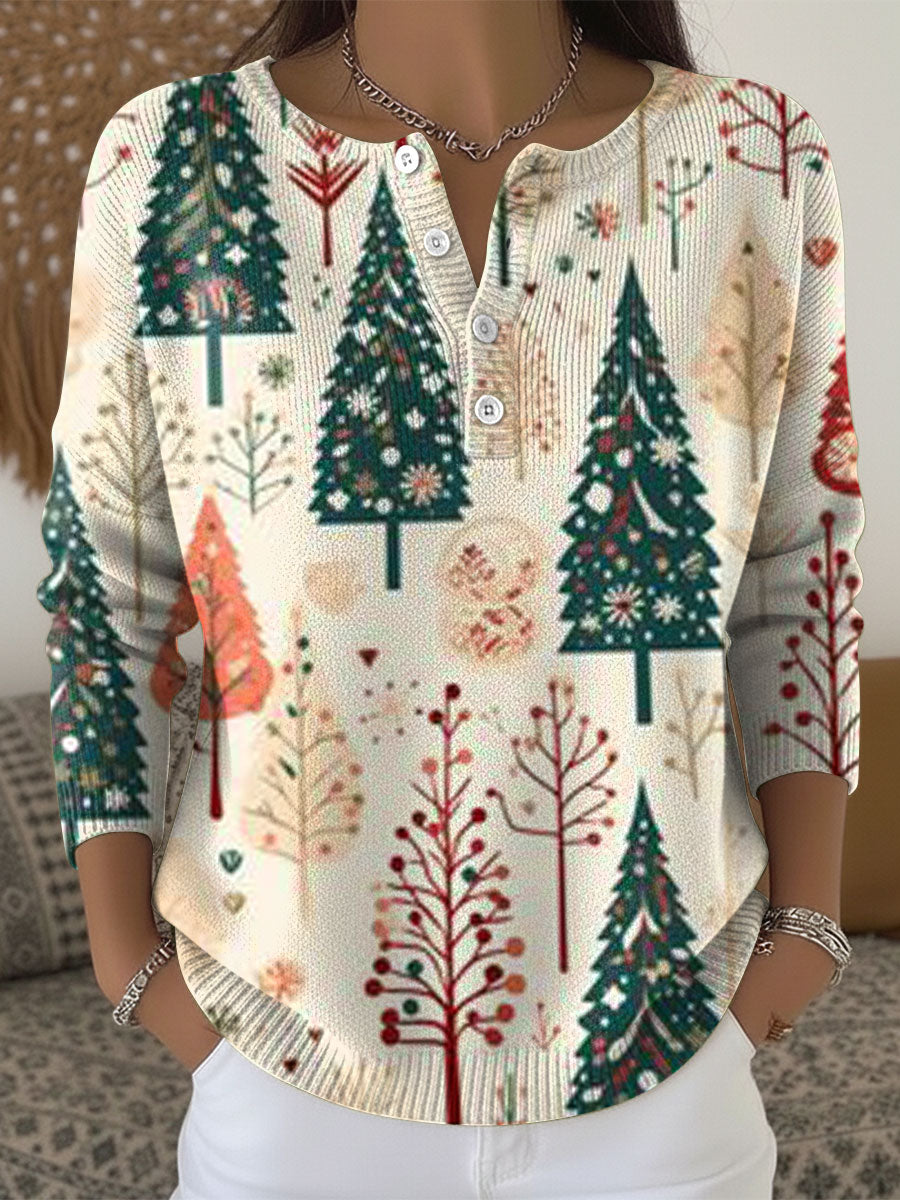 Women's Christmas Trees Pattern Art Print Buttoned Cardigan Sweater