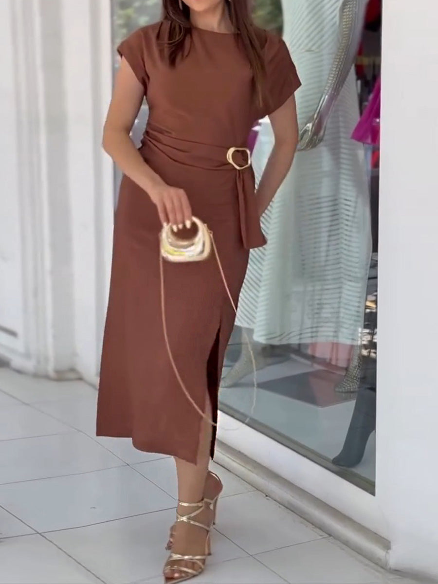 Women's Solid Color Round Neck Short Sleeve Pleated Fitted Dress