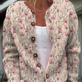 Women's Retro Art White Magnolia Print Buttoned Cardigan Sweater