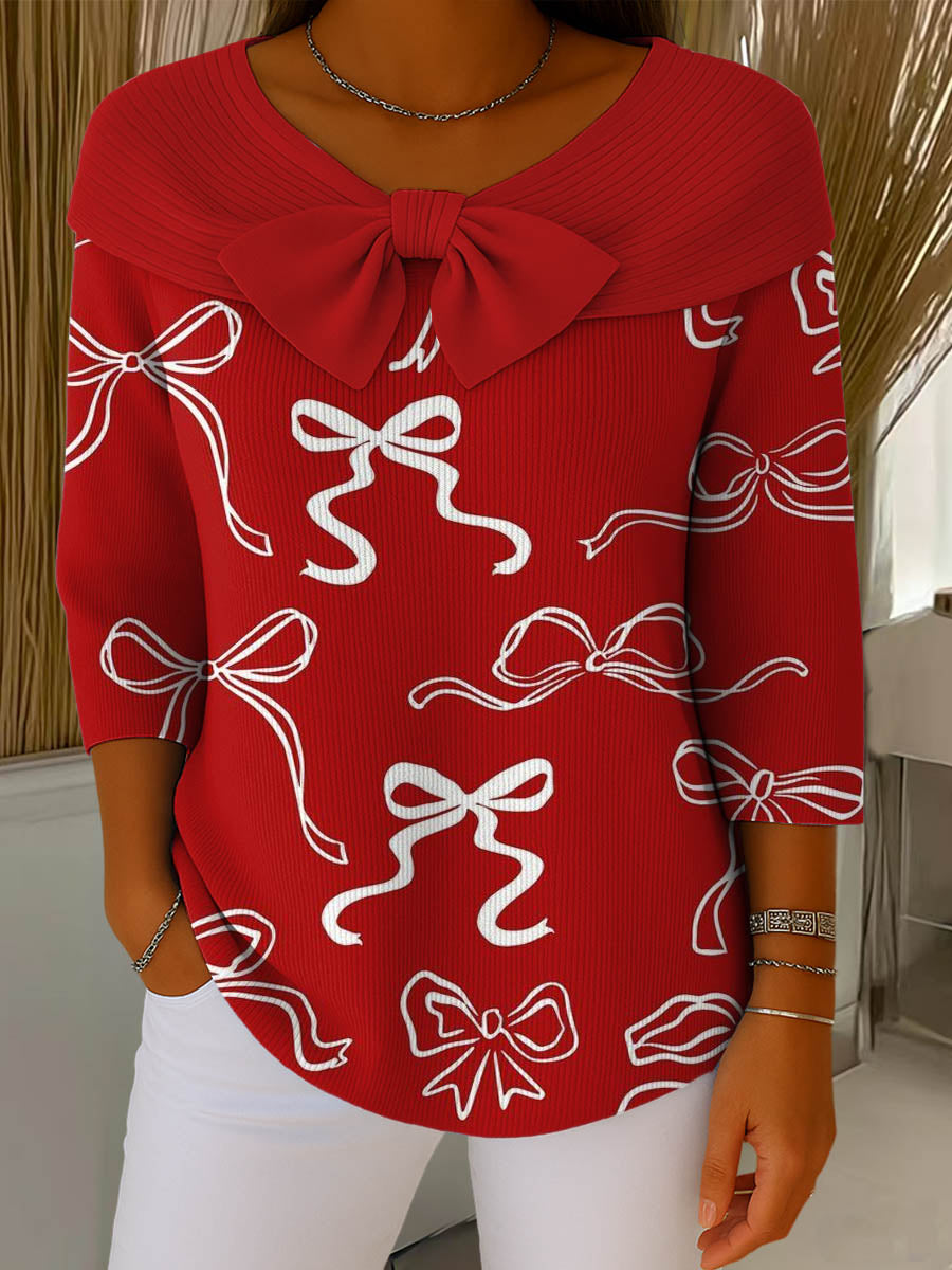 Women's Christmas Print Crew Neck 3/4 Sleeve Casual Pullover Sweater