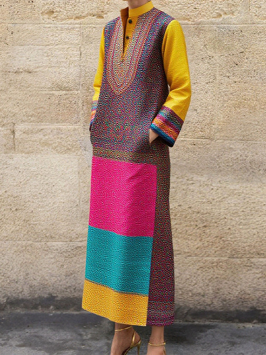 Artistic Color Block Maxi Dress with Pockets