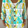 Women's Colorful Lines Triangle Printed Casual Hooded Button Sweater