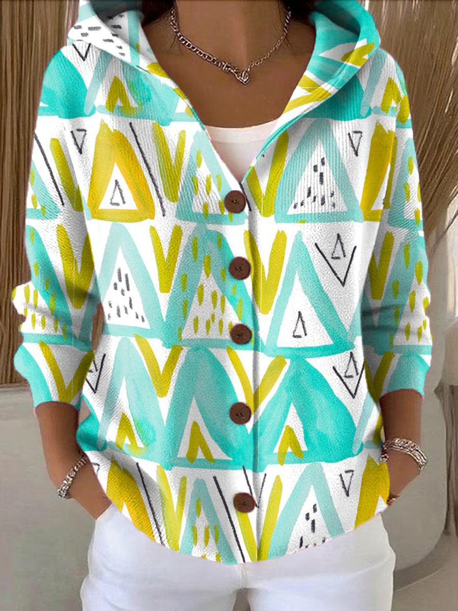 Women's Colorful Lines Triangle Printed Casual Hooded Button Sweater