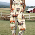 Women's Lovely Cow Pattern Art Print Casual 100% Cotton Wide Leg Jumpsuit
