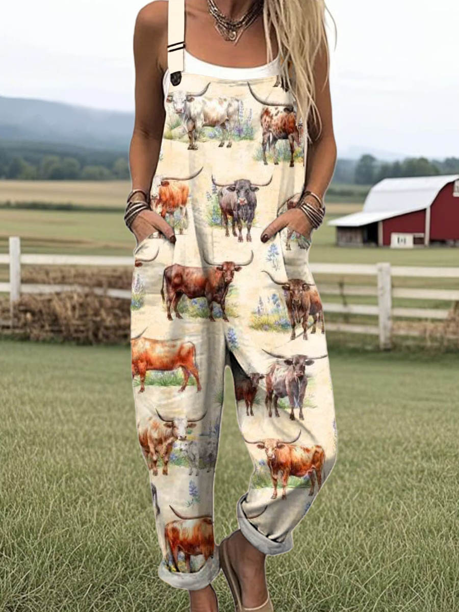 Women's Lovely Cow Pattern Art Print Casual 100% Cotton Wide Leg Jumpsuit