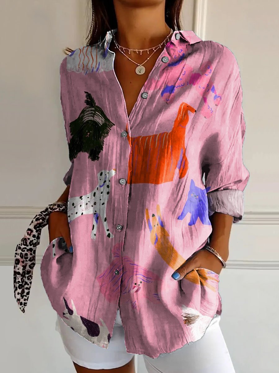 Women's Vintage Lovely Dogs Art Print Casual Cotton Shirt