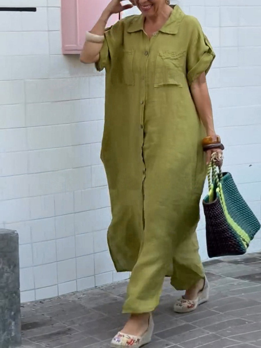 Women's Solid Color Lapel Short Sleeve Casual Cotton and Linen Long Shirt Dress