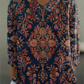 Women's Vintage Flower Art Print Casual Cotton And Linen 3/4 Sleeve Shirt
