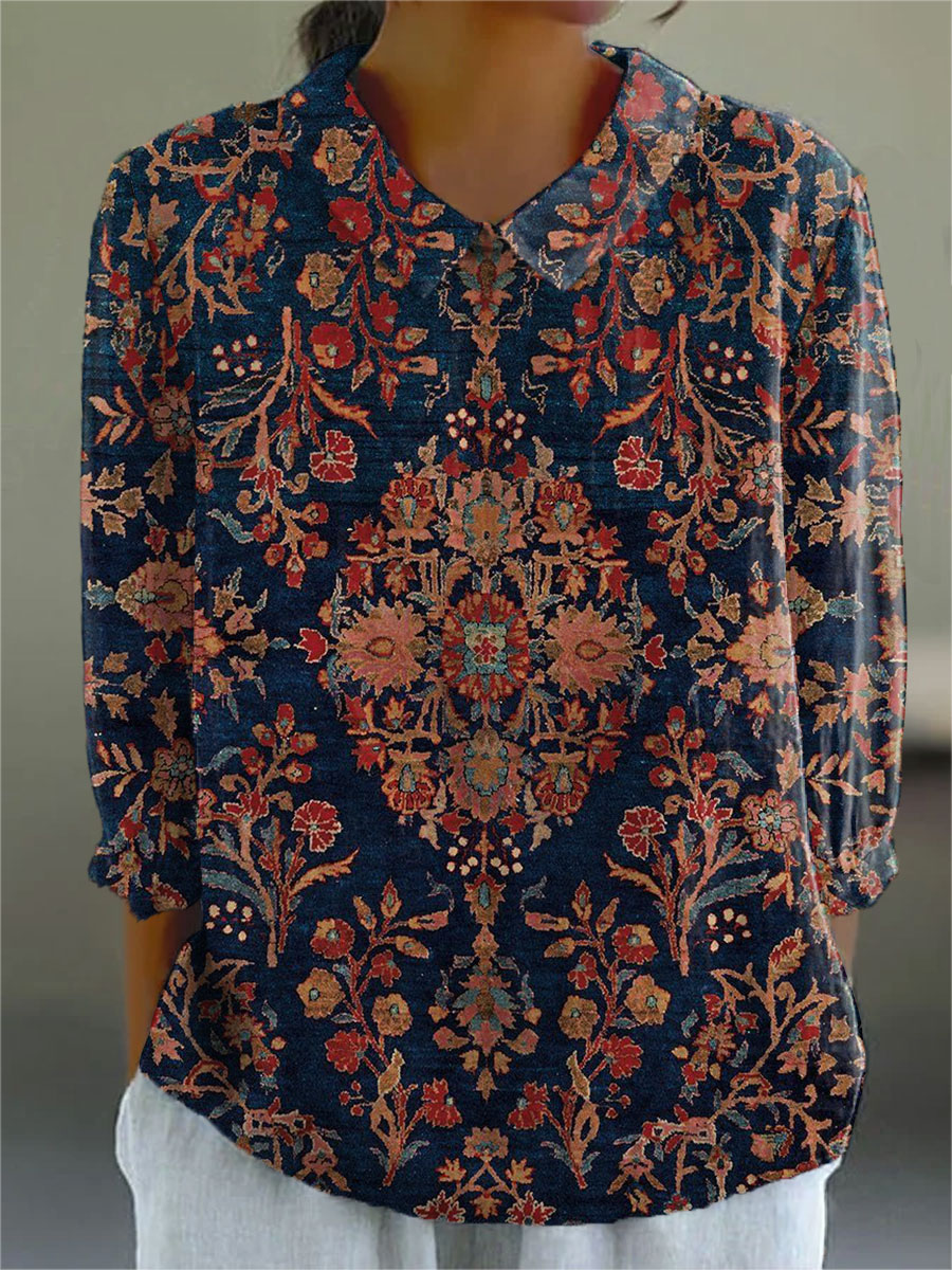 Women's Vintage Flower Art Print Casual Cotton And Linen 3/4 Sleeve Shirt