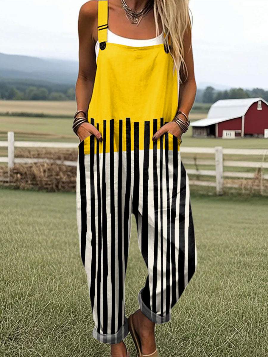 Women's Vintage Colorblock Line Art Print Casual 100% Cotton Wide Leg Jumpsuit