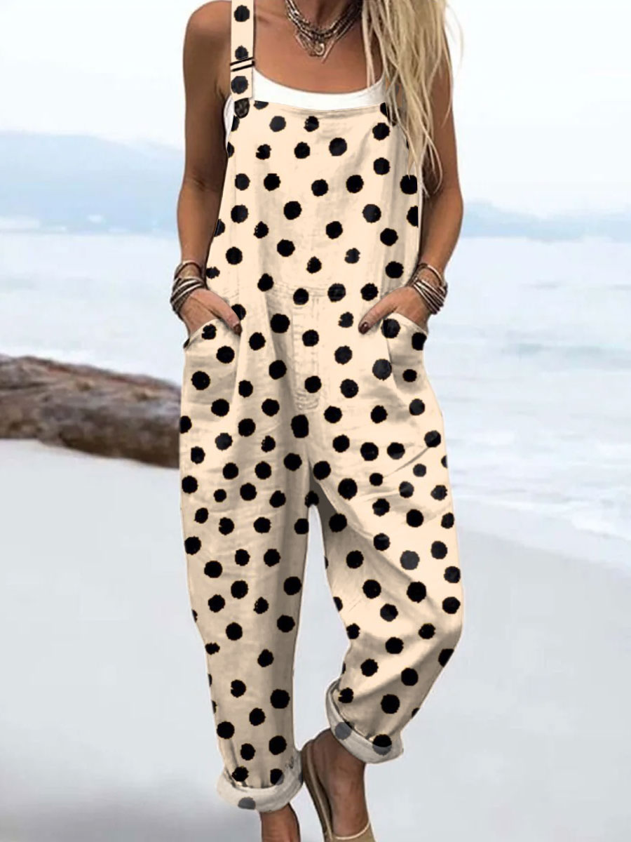 Women's Vintage  Polka Dots Art  Print Casual 100% Cotton Wide Leg Jumpsuit