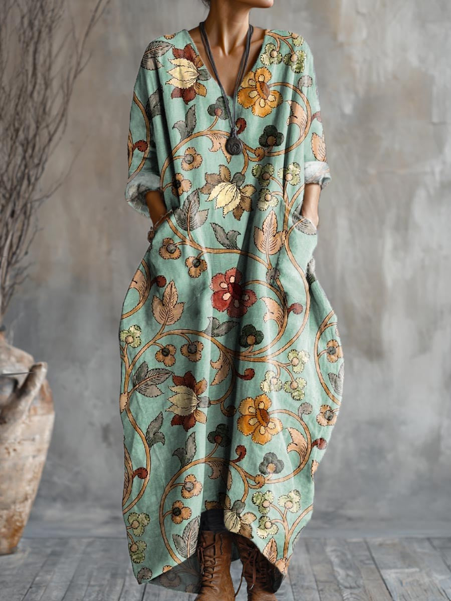 Women's Floral Art Pattern Print Pocket V-neck Cotton Dress