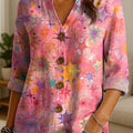 Women's Floral Flowers Pattern Print Casual Cotton And Linen Shirt