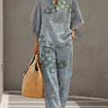 Women's Floral Butterfly Print Casual Cotton-linen Two-piece Set