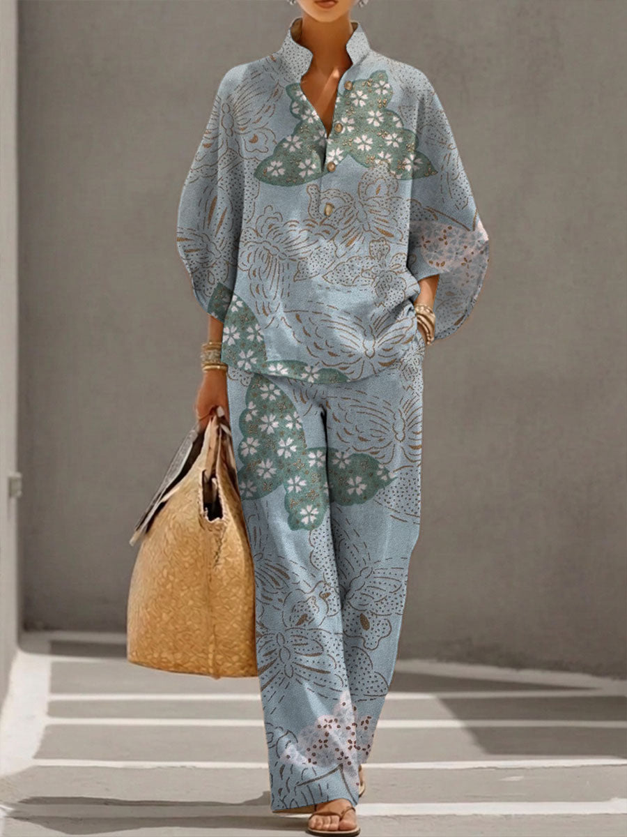 Women's Floral Butterfly Print Casual Cotton-linen Two-piece Set